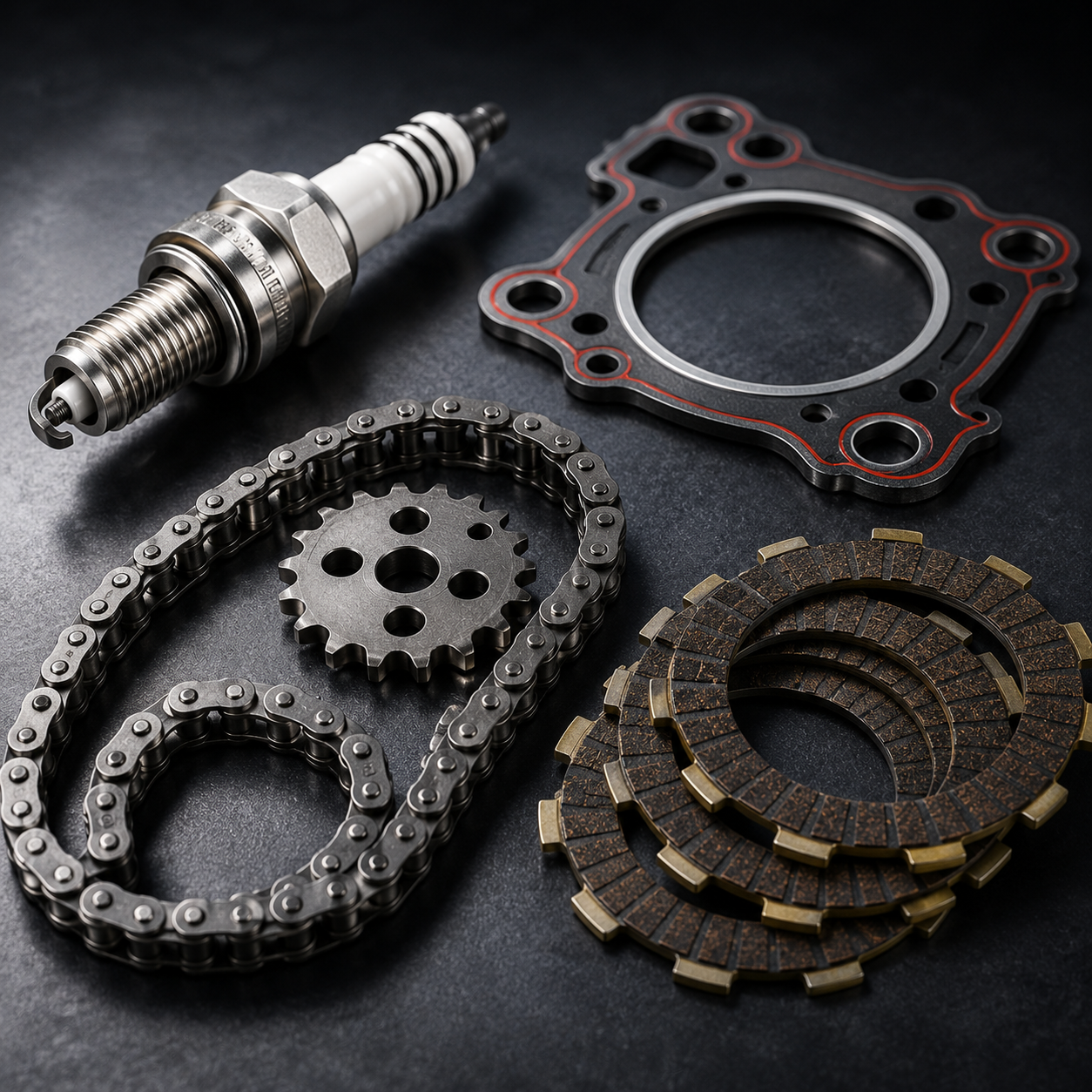 Ilustrasi Engine Parts: busi, piston, seal head dan rantai kamrat
